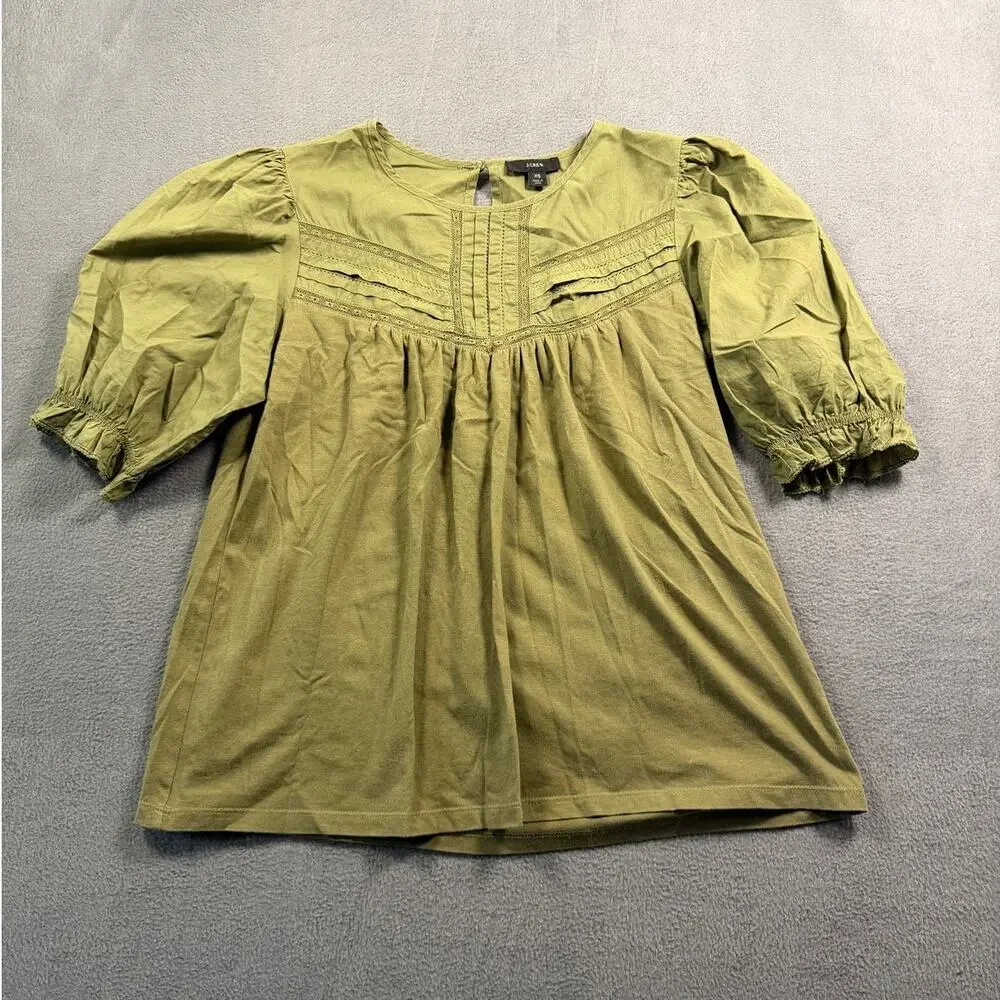 J. Crew Womens XS Olive Green Pintuck Lace Puff Sleeve Babydoll Blouse Top